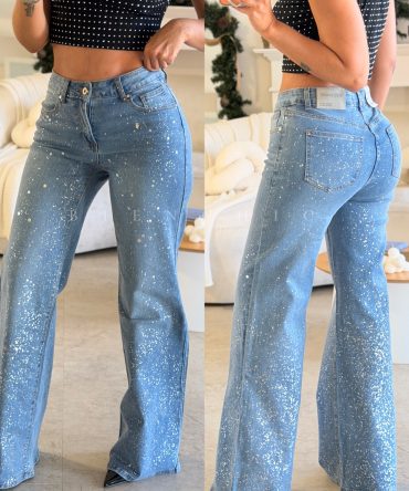 Jeans Wide Leg Destellos Plateados